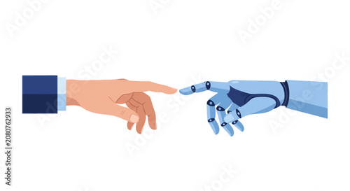 Human and Robot Hand Touching Fingers Vector Illustration - Concept of Artificial Intelligence, Future Technology, and Collaboration between Man and Machine