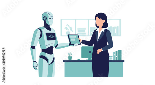Humanoid Robot Assisting Businesswoman with Tablet in Office - AI and Human Collaboration Concept Vector Illustration