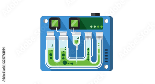 Flat Vector Illustration of a Biotechnology Laboratory Device with Green Liquid and Control Panel for Science and Medical Research