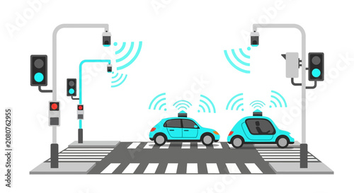 Autonomous Self-Driving Cars and Smart City Infrastructure with Intelligent Traffic Management and IoT Sensors Illustration