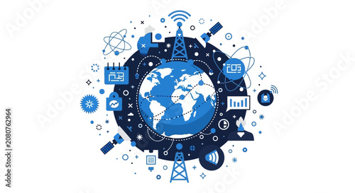 Global Digital Connectivity Network Illustration with World Map, Satellites, and Telecommunication Towers