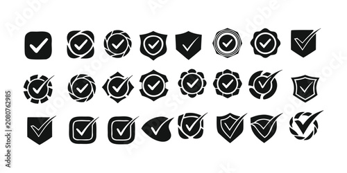 Bild auf Leinwand Tick mark icons with shield shapes black silhouette on white background