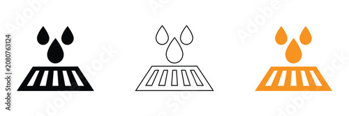 A set of three vector icons depicting oil drips on a surface, in black, line art, and orange styles, ideal for illustrating leakage or spills in designs