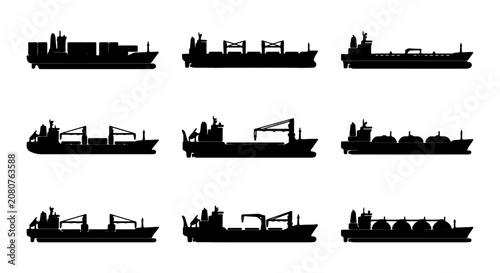 Foto Cargo ship silhouettes set, industrial merchant vessel icons, ocean freight tran