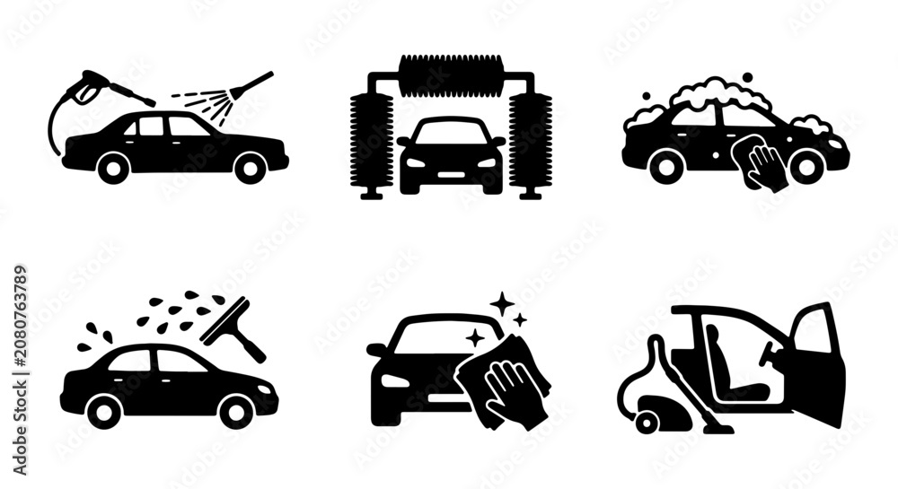 Naklejka premium Car wash icon set, professional auto detailing symbols, 6 black vector vehicle cleaning signs