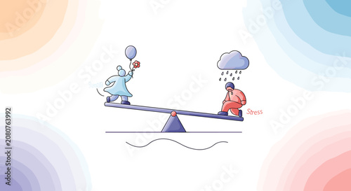 Photos Conceptual illustration showing the emotional balance between happiness and sadness on a seesaw