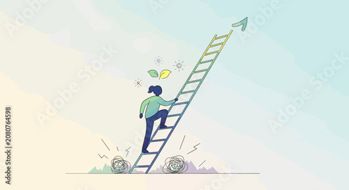 Fotografi A person climbing a ladder towards success and personal growth in a conceptual illustration