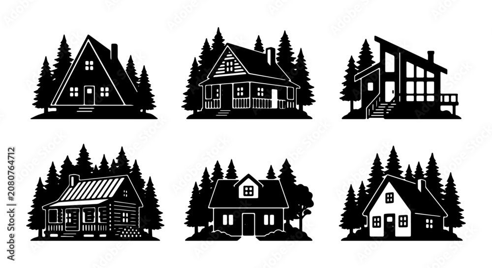 Naklejka premium Rustic cabin silhouettes, set of 6 forest house icons, mountain lodge and a-frame cottage vectors