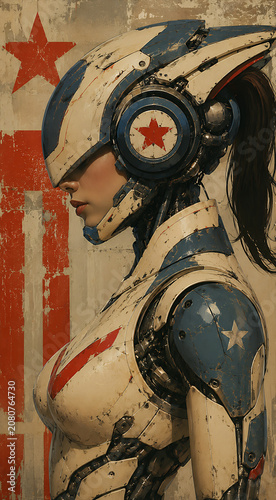 Retro Futuristic Mecha Girl Portrait with Distressed Grunge Texture copy