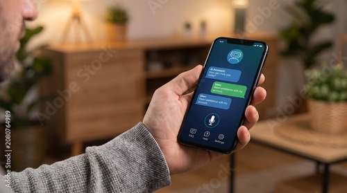 Man holding smart phone using AI chat bot assistant for customer support at home.