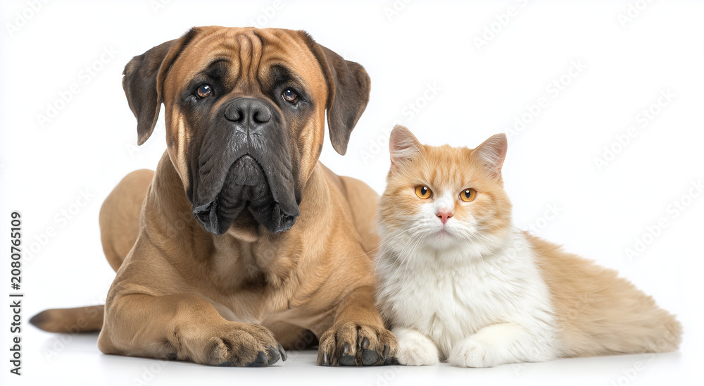 Obraz premium a happy bullmastiff dog and an orange and white cat sitting side by side, isolated on a white background.