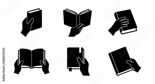 Minimalist hand holding book icon set, black silhouette reading icons, 6 vector elements