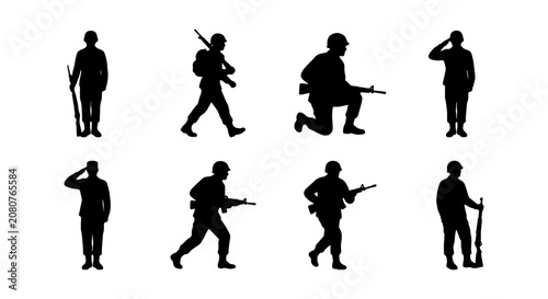 Photos Military soldier silhouettes set, 8 army infantry vector icons, armed forces fig