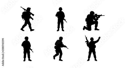 Obraz na plátně Military soldier silhouette set, 6 black army infantry vectors, combat troops ic
