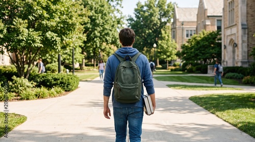 Student Standing in Library with Textbooks and Backpack