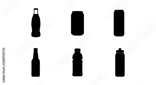 Beverage bottle silhouettes, 6 drink container icons, black soda can and water bottle set