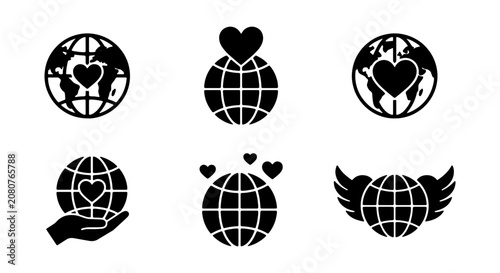 Global love icons set, 6 earth and heart vector symbols, world peace and charity signs