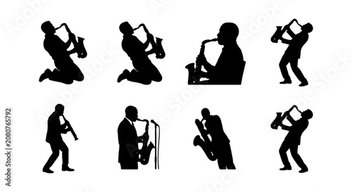 Obraz na płótnie Saxophone player silhouettes, jazz musician vector set, 8 music performer icons