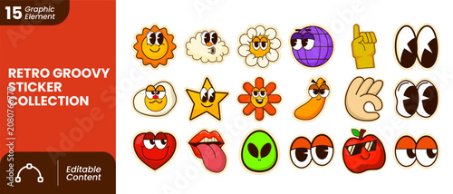 Trendy Retro Groovy Cartoon Character Sticker Element Collection
