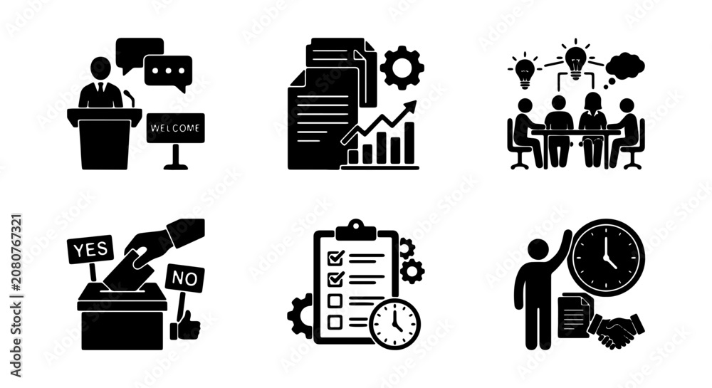 Fototapeta premium Business Icons Set: Meeting, Voting, Planning, Time Management, Strategy, Presentation