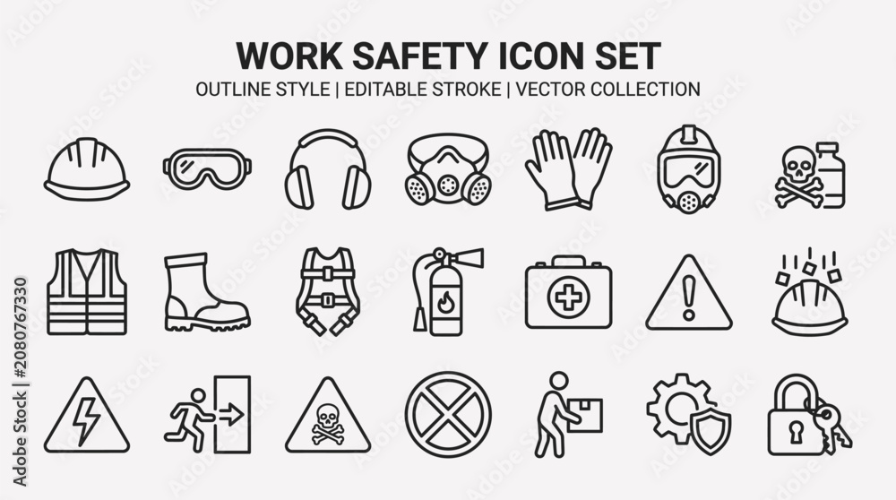 Fototapeta premium Work Safety Icon Set - Essential Protective Gear and Warning Symbols