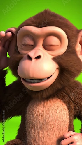 3D chimpanzee character sitting on bright green background.
