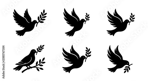 Bild auf Leinwand Peace dove vector silhouettes, flying pigeon with olive branch icons, bird set