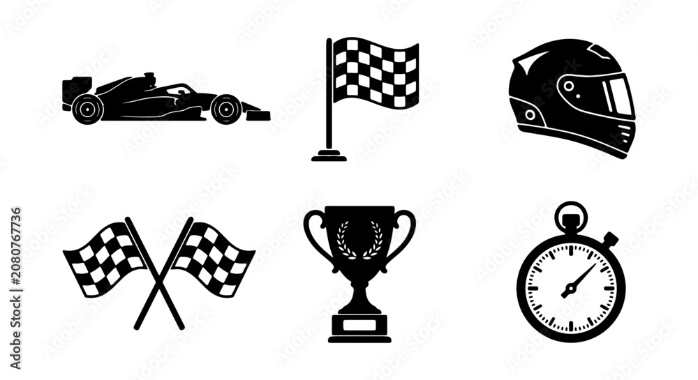 Obraz premium Racing Sport Icons, Formula 1 Race Car, Checkered Flags, Helmet, Trophy, Stopwatch Vector Set