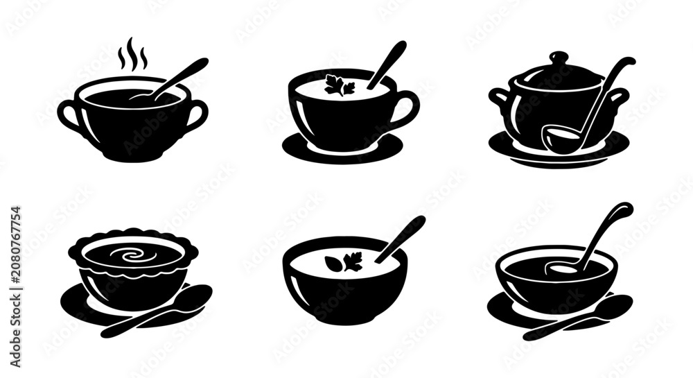 Fototapeta premium Soup bowl icons, hot steaming broth, creamy soup, stew, ladle, black vector set