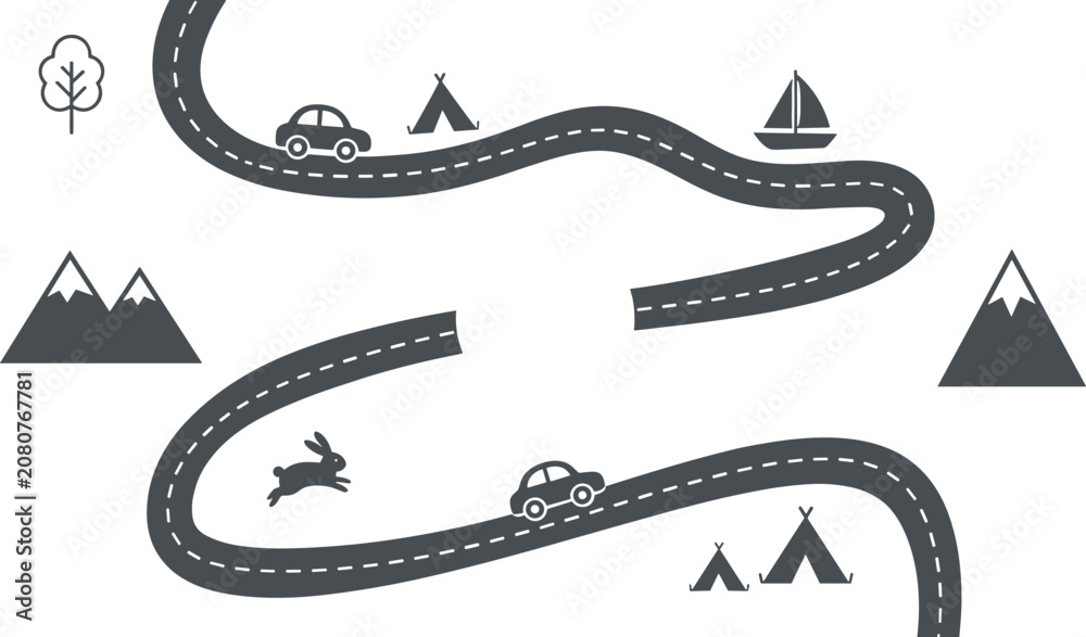 Fototapeta premium Winding Road Map Graphic Vector Illustration with Silhouette Icons of Cars Tents Mountains Boat and Rabbit for Children Activity Board Game Designs