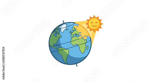 Flat Vector Illustration of Planet Earth with Smiling Sun Character