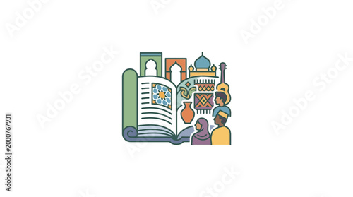 Flat vector illustration of open book showcasing cultural heritage