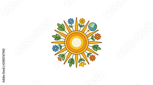Floral sun symbol with globe and leaves vector illustration