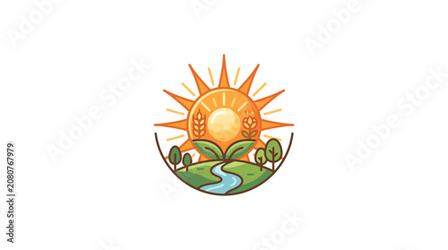Generic nature landscape illustration with sun river and green leaves