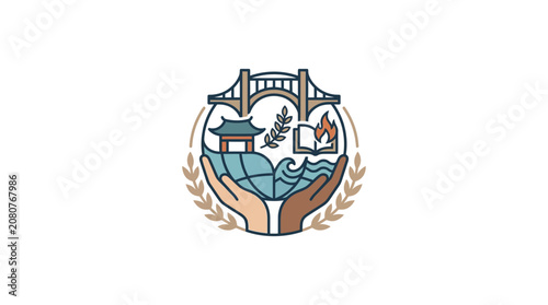 Global Unity and Peace Emblem with Diverse Hands Holding World