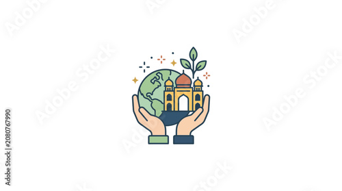 Hands holding globe and mosque building flat line art illustration