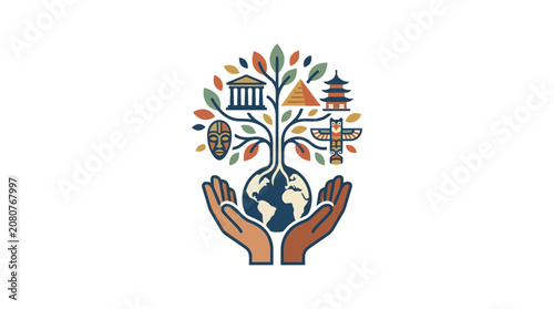 Global cultural heritage tree growing from globe held by hands