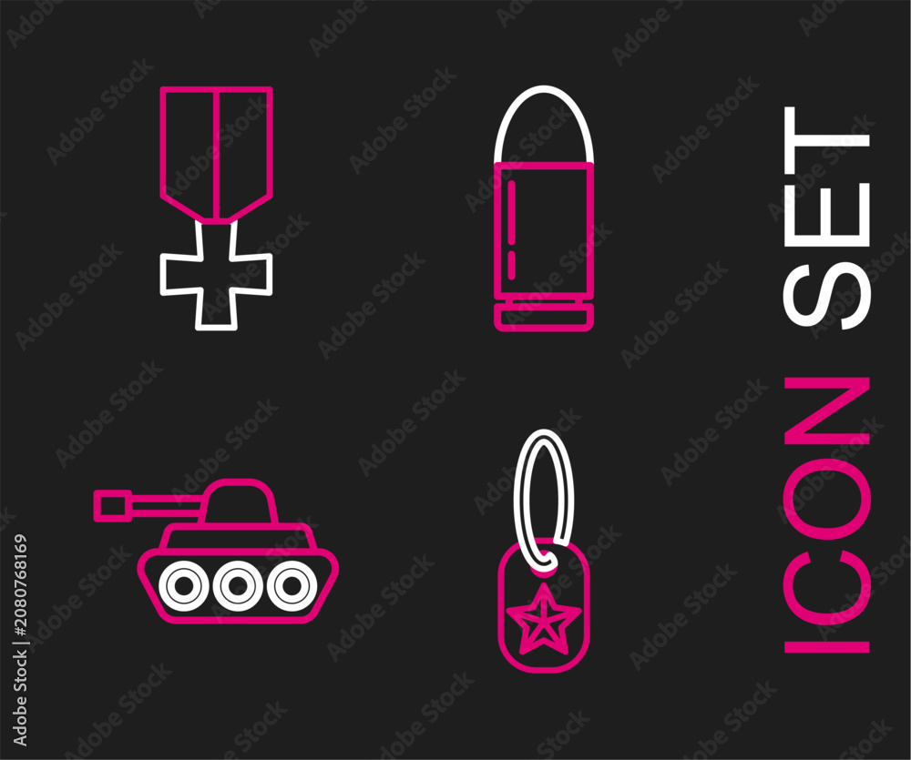 Fototapeta premium Set line Military dog tag, tank, Bullet and reward medal icon. Vector