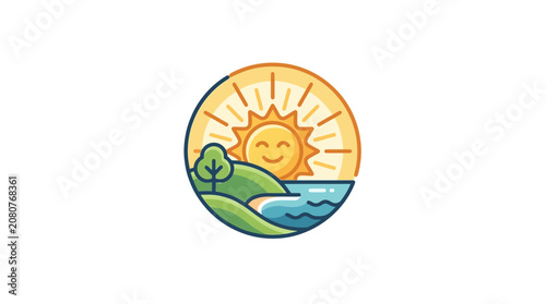 Happy smiling sun landscape illustration in a circular badge style