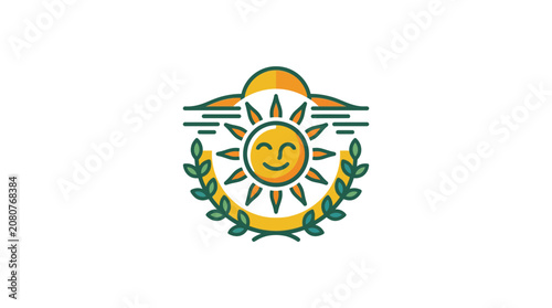 Happy smiling sun with green laurel wreath and sky lines