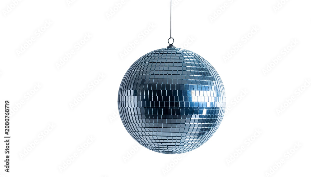 Fototapeta premium Disco ball reflects light while hanging from a silver chain against a clean white background.