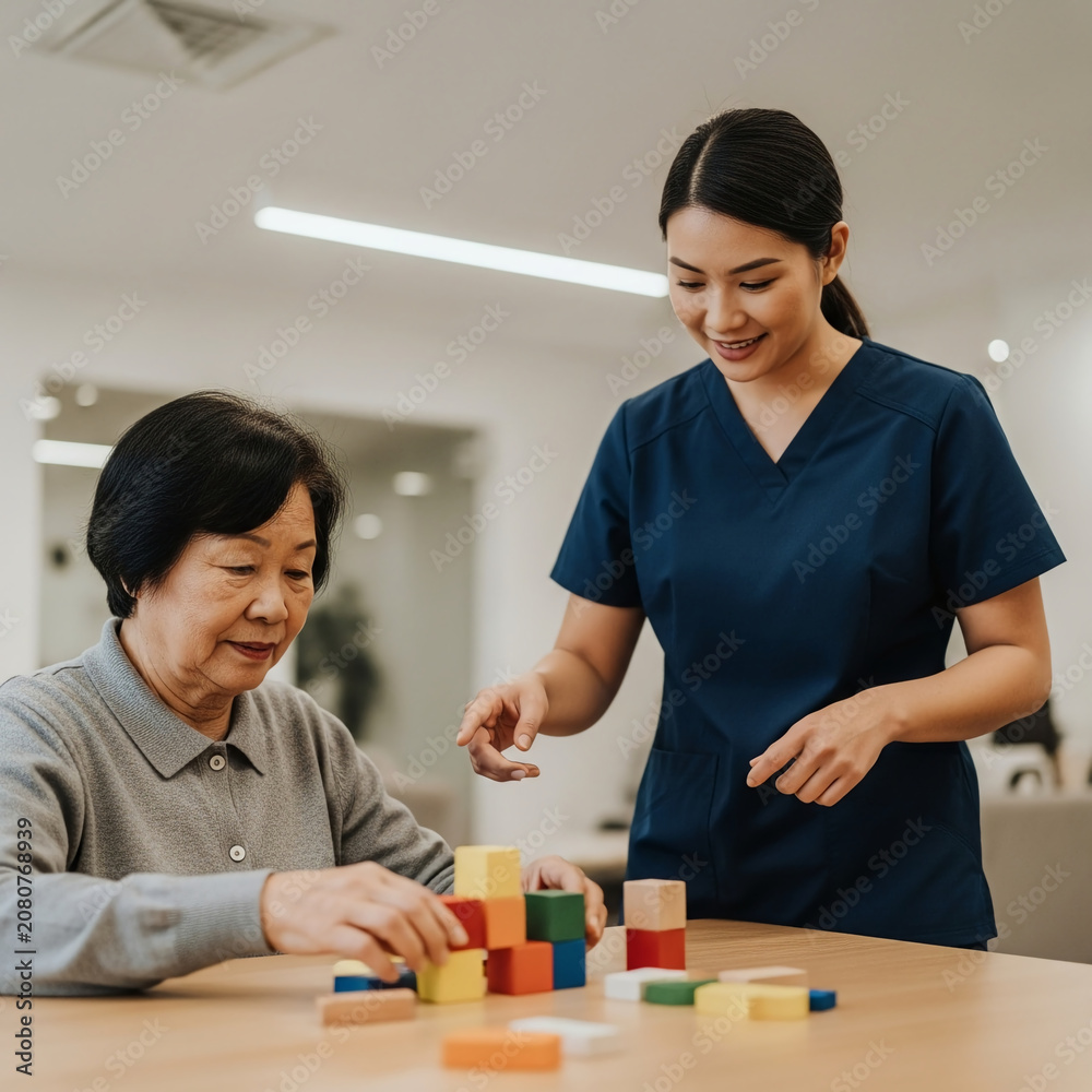 Fototapeta premium Senior Asian woman performing cognitive therapy with colorful wooden blocks while a professional nurse in scrubs assists in a clinical healthcare facility.