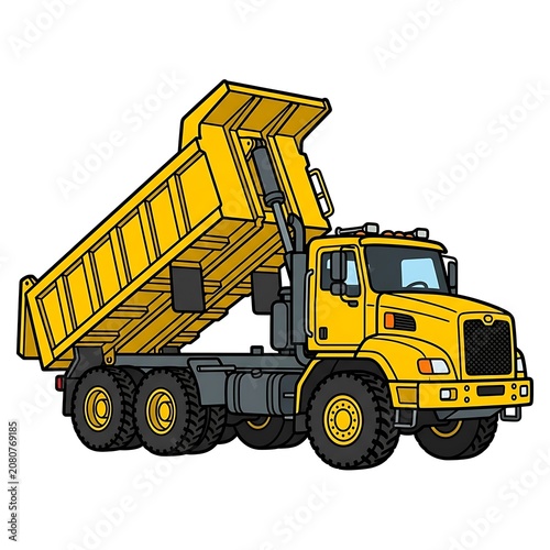 Yellow dump truck carrying construction materials on site.