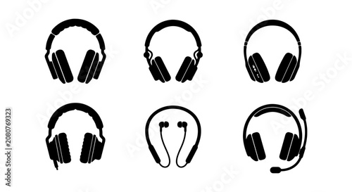 Headphones vector icon set, modern audio headset collection, black silhouette sound devices