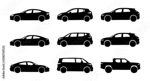 Modern car silhouettes, diverse vehicle collection, black automotive icons, vector set for transport design