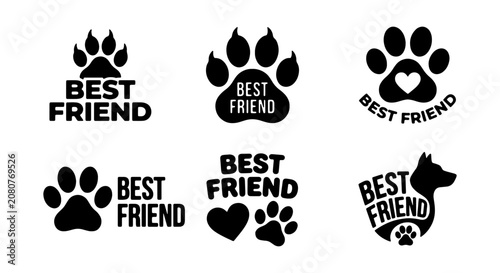 Best Friend Paw Print Vector Set, Pet Love Emblems, Animal Friendship Badges, Dog and Cat Icons