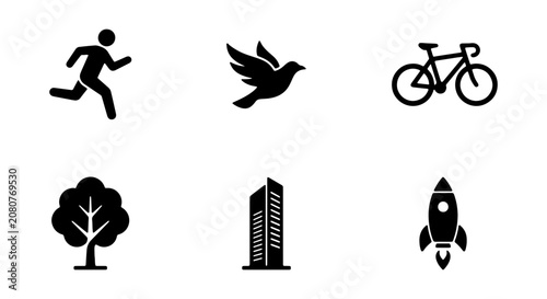 Modern lifestyle vector icons, essential black glyphs for activity and nature, graphic resource set