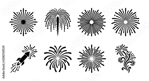 Dynamic fireworks vector collection, festive celebration pyrotechnic bursts, black and white graphic elements