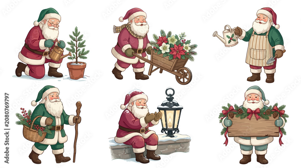 Naklejka premium Santa claus characters engaged in cheerful gardening and holiday activities