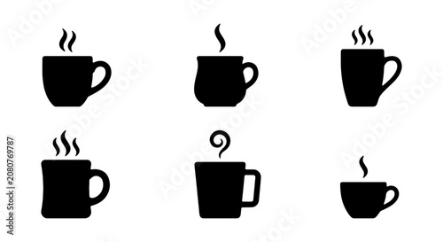 Hot Coffee Cup Icons, Steaming Beverage Mugs, Warm Drink Symbols, Black Vector Set